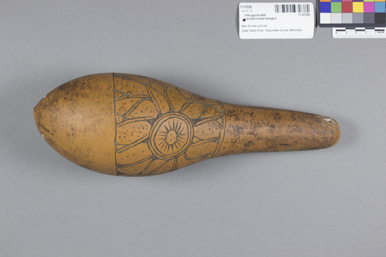 Hearst Museum object titled Lime gourd, accession number 11-37529, described as lime bottle, carved gourd; slender neck; incised designs with excised areas blackened with soot; contains lime, used as stimulant