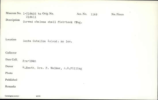 Documentation associated with Hearst Museum object titled Fishhook fragment, accession number 1-216408, described as Curved abalone shell fish hook fragment.