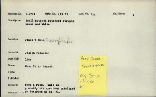 Documentation associated with Hearst Museum object titled Trinket, accession number 2-8774, described as Small, notched potsherd striped black and white.