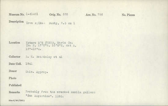 Documentation associated with Hearst Museum object titled Spike, accession number 1-61401, described as Made of iron.  Rusty.