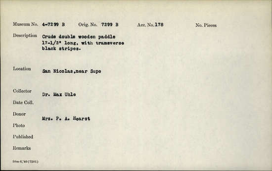 Documentation associated with Hearst Museum object titled Paddle, accession number 4-7299b, no description available.