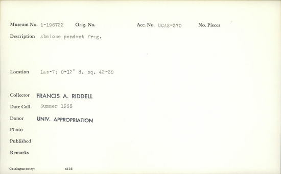 Documentation associated with Hearst Museum object titled Pendant fragment, accession number 1-196722, described as Abalone.