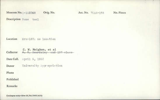 Documentation associated with Hearst Museum object titled Tool, accession number 1-153248, described as Bone.