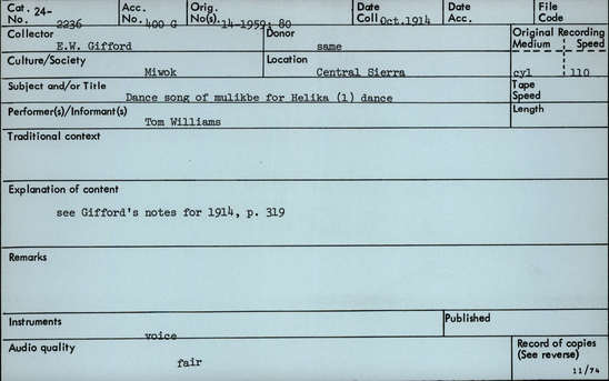 Documentation associated with Hearst Museum object titled Audio recording, accession number 24-2236, described as Dance Song of Mulikbe for Helika Dance