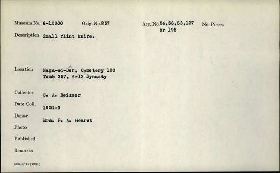 Documentation associated with Hearst Museum object titled Knife, accession number 6-12980, described as Small flint knife.