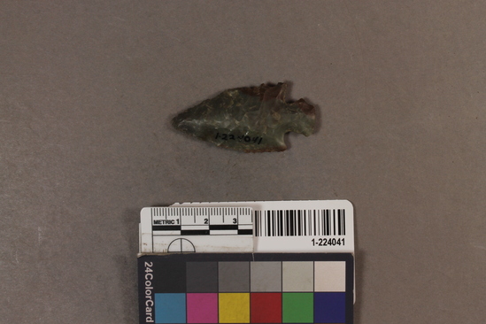 Hearst Museum object titled Projectile point, accession number 1-224041, described as Green-brown chert, stemmed, corner notched.