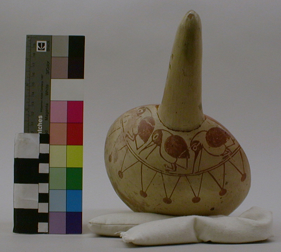 Hearst Museum object 1 of 13 titled Bowl w/ handle, accession number 4-2780, described as Ladle-like bowl with straight handle, birds in red on bottom near handle