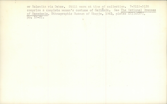 Documentation associated with Hearst Museum object titled Sash, accession number 7-5124, described as Woman's wool sash (prepaska); made from homespun; gold braid and red fringe on one side; red fringe at one end' 146 inches long. This sash, made by women for their own use is worn (especially by the younger women) for everyday, but especially sundays and festive occasions, over the pojas. The word prepaka is normally used for a sash loosely tied or a cloth tied as a sash around a child. Glichik the name is used to distinguish it from other type of sash (pojas, 7-5123) also worn. Still worn by some women at time of collection, 1964. 7-5119-5128 comprise a complete costume.