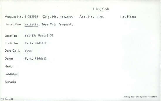 Documentation associated with Hearst Museum object titled Worked shell, accession number 1-212518, described as Haliotis shell fragment, Type T-1.