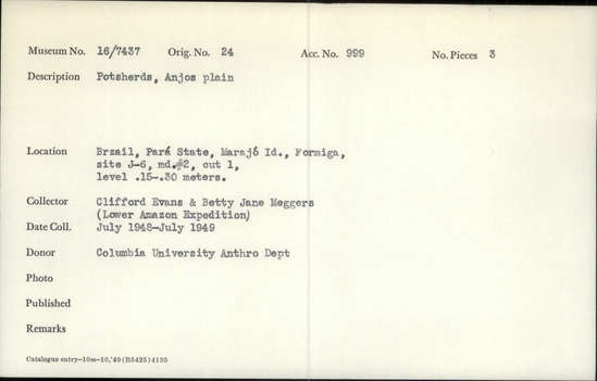 Documentation associated with Hearst Museum object titled Potsherds, accession number 16-7437, described as Potsherds, Anjos plain