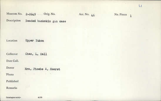 Documentation associated with Hearst Museum object titled Gun case, accession number 2-2649, described as Beaded buckskin gun case.