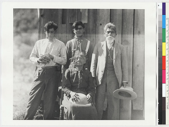 Hearst Museum object titled Black-and-white negative, accession number 15-5909, described as John Kelly, John Light, Tom Williams and Susie Williams