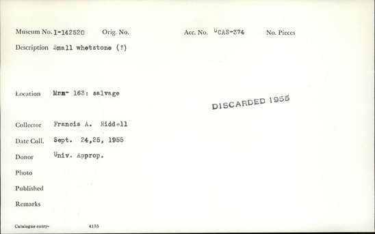 Documentation associated with Hearst Museum object titled Whetstone, accession number 1-142520, described as Small whetstone (?).