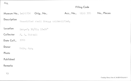 Documentation associated with Hearst Museum object titled Shell, accession number 1-148734, described as Unmodified, unidentified.
