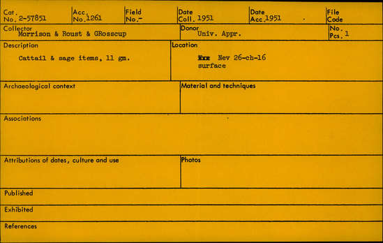 Documentation associated with Hearst Museum object titled Soil & fiber sample, accession number 2-57851, described as 11 grams of cattail and sage items.