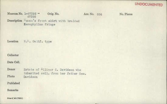 Documentation associated with Hearst Museum object titled Apron, accession number 1-67296, described as With braided Xerophyllum fringe.