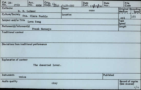 Documentation associated with Hearst Museum object titled Audio recording, accession number 24-2769, described as Love Song: "The Deserted Lover