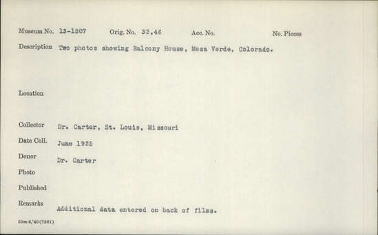 Documentation associated with Hearst Museum object titled Photograph, accession number 13-1507, described as Two photos showing Balcony House, Mesa Verde, Colorado