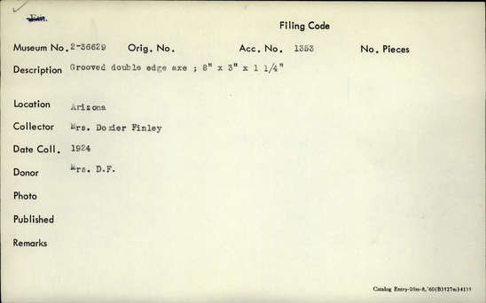 Documentation associated with Hearst Museum object titled Axe, accession number 2-36629, described as Grooved stone axe with double edge.