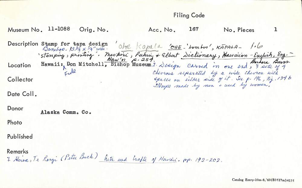 Hearst Museum object titled ‘ohe kāpala (bamboo stamp), accession number 11-1088, described as Tapa stamp.