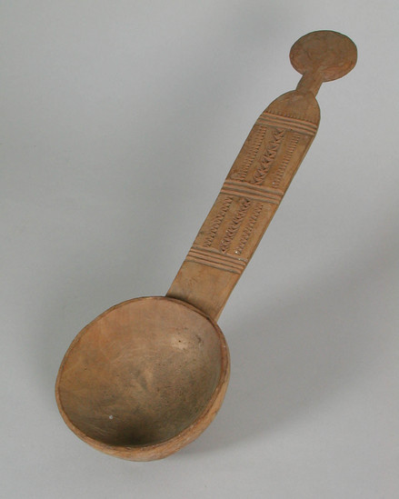 Hearst Museum object titled Spoon, accession number 5-10145, described as spoon;  wood;  incised designs of diamonds and triangles on handle;  L. 30 cm.