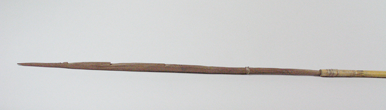 Hearst Museum object titled Arrow, accession number 16-489, described as Arrow, barbed hardwood point, cane shaft, feathers in poor condition