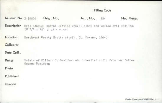 Documentation associated with Hearst Museum object titled Plaque, accession number 2-19069, described as Oval plaque; spiral lattice weave; black and yellow oval designs.