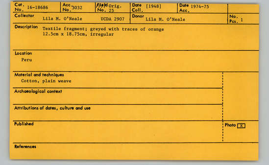 Documentation associated with Hearst Museum object titled Textile fragment, accession number 16-18686, no description available.
