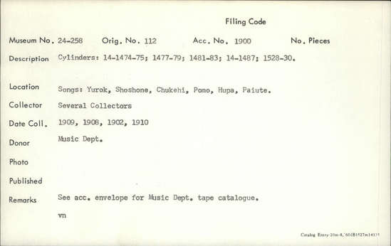 Documentation associated with Hearst Museum object titled Audio recording, accession number 24-258, described as Songs: Yurok, Shoshone, Chukeni, Pomo, Hupa, Paiute. See acc. envelope for music dept. tape catalogue. Cylinders: 14-1474-75, 1477-79, 1481-83, 14-1487, 1528-30.