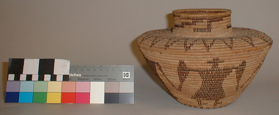 Hearst Museum object 3 of 3 titled Basket, accession number 1-230677, described as Coiled, necked, jar-shaped with 4 standing anthropomorphic figures in redbud on body; zigzag band in redbud on shoulder; minute traces of feathers.