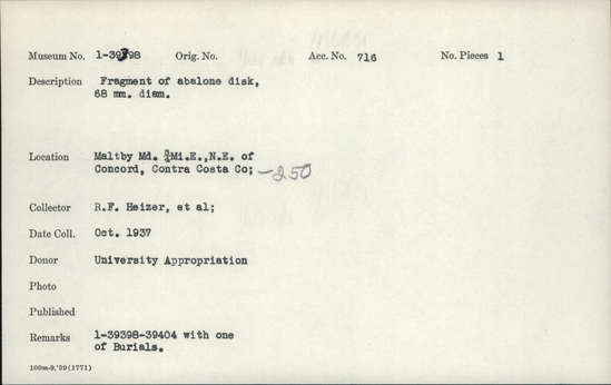 Documentation associated with Hearst Museum object titled Disk fragment, accession number 1-39398, described as Made of abalone.