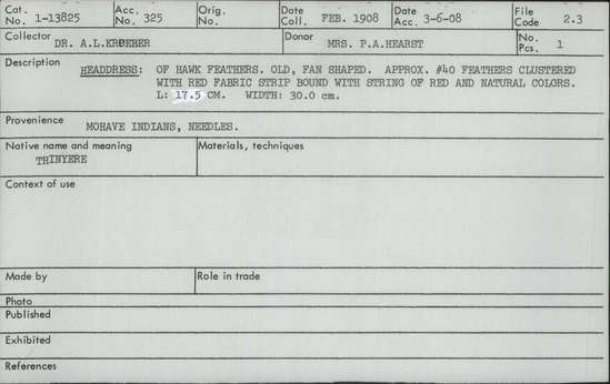 Documentation associated with Hearst Museum object titled Headdress, accession number 1-13825, described as Of hawk feathers.  Old, fan shaped.  Approximately 40 feathers clustered with red fabric strip bound with string of red and natural colors.