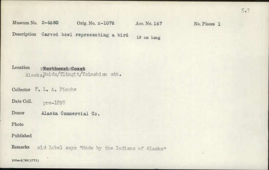 Documentation associated with Hearst Museum object titled Bowl, accession number 2-4680, described as Carved bowl representing a bird.