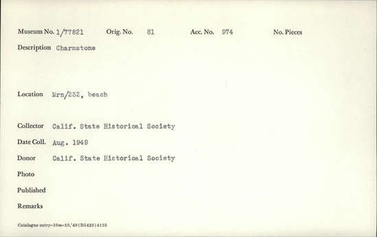 Documentation associated with Hearst Museum object titled Charmstone, accession number 1-77821, described as Charmstone. Notice: Image restricted due to its potentially sensitive nature. Contact Museum to request access.