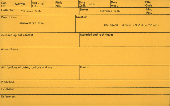 Documentation associated with Hearst Museum object titled Bead, accession number L-12534, described as Bead- large size.