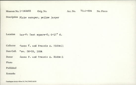 Documentation associated with Hearst Museum object titled Flake scraper, accession number 1-145483, described as Flake scraper, yellow jasper.