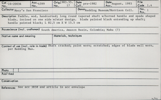 Documentation associated with Hearst Museum object titled Paddle, accession number 16-20036, no description available.