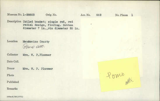 Documentation associated with Hearst Museum object titled Basket, accession number 1-28803, described as Coiled, single rod.  Red radial design, flaring.