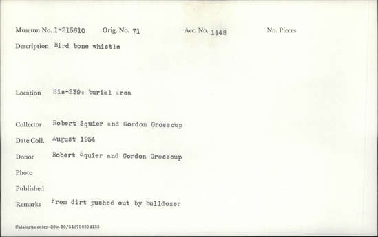 Documentation associated with Hearst Museum object titled Whistle, accession number 1-215610, described as Bird bone.