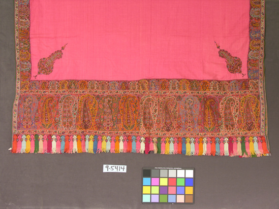 Hearst Museum object titled Shawl, accession number 9-5414, described as Kashmir shawl; rose ground; varicolored pine cone, floral borders. 142 cm x 330 cm including fringe.