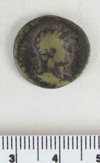 Hearst Museum object 9 of 14 titled Coin: æ semis, accession number 8-8133, described as Coin; Æ; aes grave; semis; Orichalcum. 3.751 grams. Obverse: Head of Hadrian, facing right. Reverse: S C flanking object.