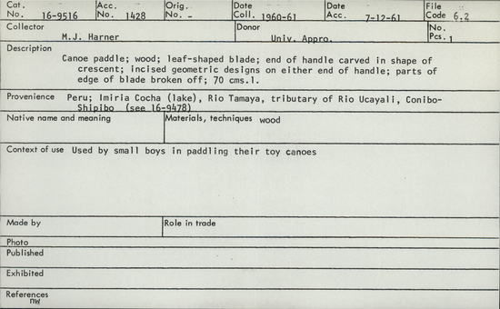 Documentation associated with Hearst Museum object titled Paddle, accession number 16-9516, described as Canoe paddle; wood; leaf-shaped blade; end of handle carved in shape of crescent; incised geometric designs on either end of handle; parts of edge of blade broken off; 70 cms length.