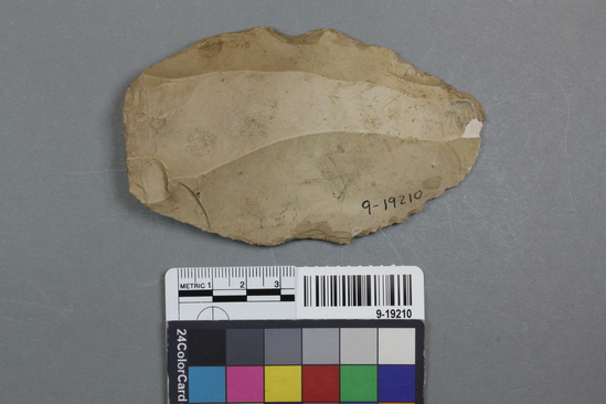 Hearst Museum object titled Blade, accession number 9-19210, described as uniface knife, 10.5 cm x 6.5 cm