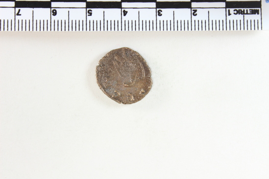 Hearst Museum object 3 of 6 titled Coin: æ, accession number 8-9218, described as Coin; Æ; Roman. Claudius II Gothicus. Obverse: [ ]CLAU[ ].Bust facing right, diademed. Reverse: [CON]SECR[ATIO]. Eagle.