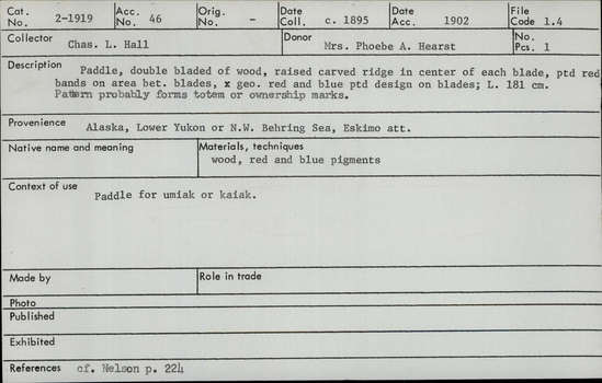 Documentation associated with Hearst Museum object titled Paddle, accession number 2-1919, described as Paddle, double bladed of wood, raised carved ridge in center of each blade, painted red band on area between blades, geometric red and blue painted design on blades.  Pattern probably forms totem or ownership marks.