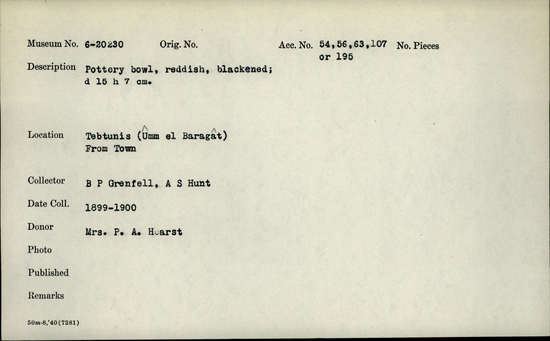 Documentation associated with Hearst Museum object titled Bowl, accession number 6-20230, described as pottery bowl, reddish, blackened; diameter 15 height 7 cm