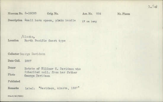 Documentation associated with Hearst Museum object titled Spoon, accession number 2-19093, described as Small, horn. Plain handle. Label reads: "Davidson, Alaska, 1887