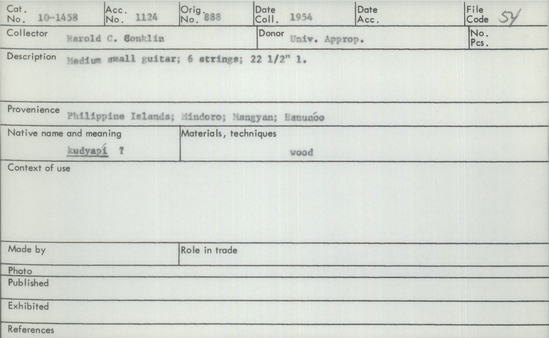 Documentation associated with Hearst Museum object titled Musical instrument, accession number 10-1458, described as Medium small guitar; 6 strings; 22 1/2” 1.