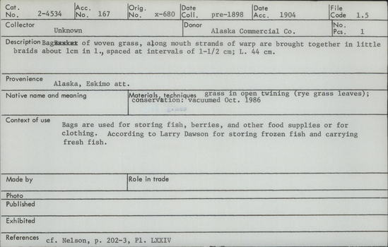 Documentation associated with Hearst Museum object titled Bag, accession number 2-4534, described as Bag of woven grass, along mouth strands of warp are brought together in little braids about 1 cm in length, spaced at intervals of 1.5 cm.  Made with grass in open twining (rye grass leaves).