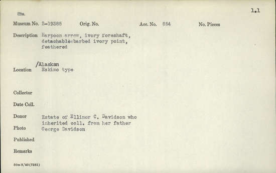 Documentation associated with Hearst Museum object titled Arrow, accession number 2-19385, described as Ivory foreshaft, detachable barbed ivory point, feathered.